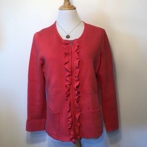 TALBOTS-Coral Pink/Orange Zip Front Ruffle Cotton Blend  Knit Blazer-Size Large